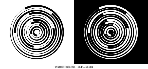 Abstract background with lines in circle. Art design spiral as logo or icon. A black figure on a white background and an equally white figure on the black side.