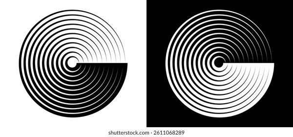 Abstract background with lines in circle. Art design spiral as logo or icon. A black figure on a white background and an equally white figure on the black side.
