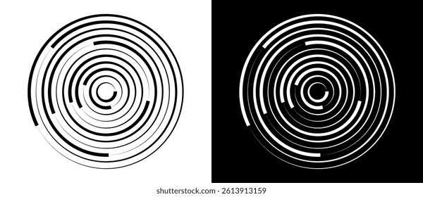 Abstract background with lines in circle. Art design spiral as logo or icon. A black figure on a white background and an equally white figure on the black side.