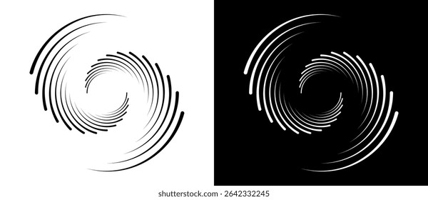 Fundo abstrato com linhas em círculo. Espiral de design de arte como logotipo ou ícone. Uma figura preta sobre um fundo branco e uma figura igualmente branca no lado preto.