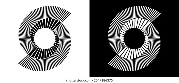 Abstract background with lines in circle. Art design spiral as logo or icon. A black figure on a white background and an equally white figure on the black side.