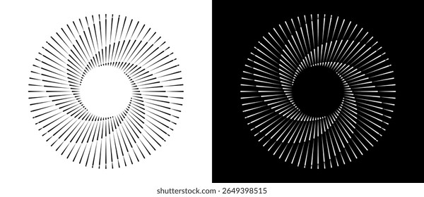 Abstract background with lines in circle. Art design spiral as logo or icon. A black figure on a white background and an equally white figure on the black side.