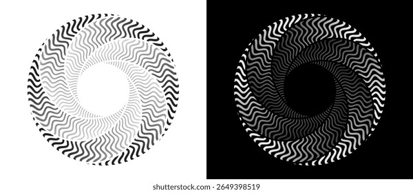 Abstract background with lines in circle. Art design spiral as logo or icon. A black figure on a white background and an equally white figure on the black side.