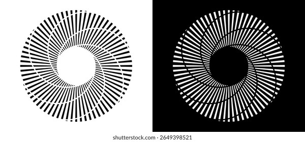 Abstract background with lines in circle. Art design spiral as logo or icon. A black figure on a white background and an equally white figure on the black side.