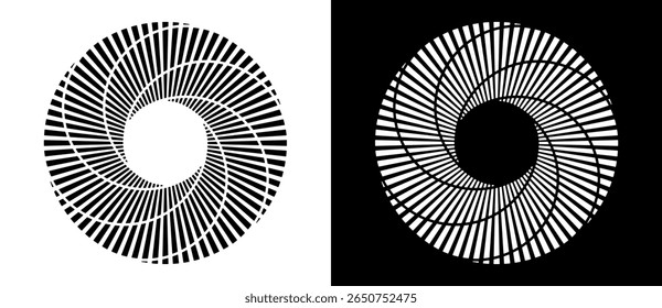 Abstract background with lines in circle. Art design spiral as logo or icon. A black figure on a white background and an equally white figure on the black side.