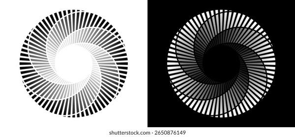 Abstract background with lines in circle. Art design spiral as logo or icon. A black figure on a white background and an equally white figure on the black side.