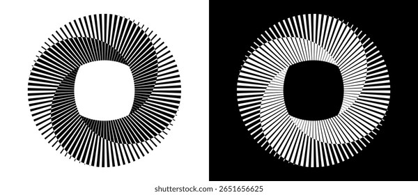 Abstract background with lines in circle. Art design spiral as logo or icon with 4 parts. A black figure on a white background and an equally white figure on the black side.