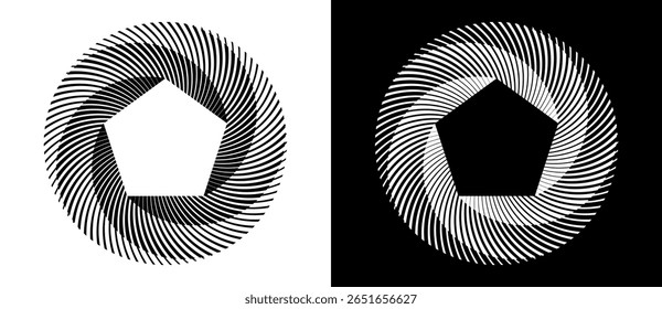 Abstract background with lines in circle. Art design spiral as logo or icon with 5 parts. A black figure on a white background and an equally white figure on the black side.