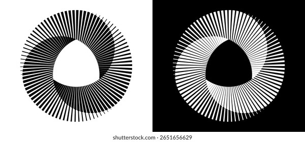 Abstract background with lines in circle. Art design spiral as logo or icon with 3 parts. A black figure on a white background and an equally white figure on the black side.