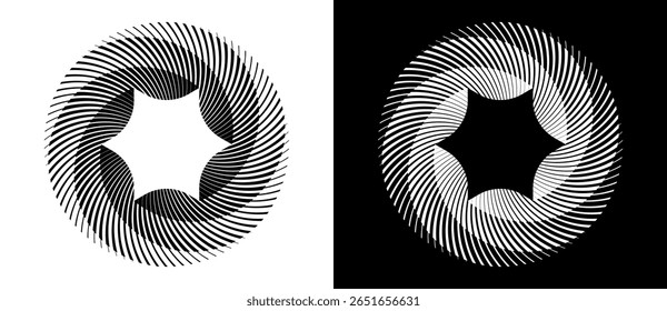Abstract background with lines in circle. Art design spiral as logo or icon with 6 parts. A black figure on a white background and an equally white figure on the black side.