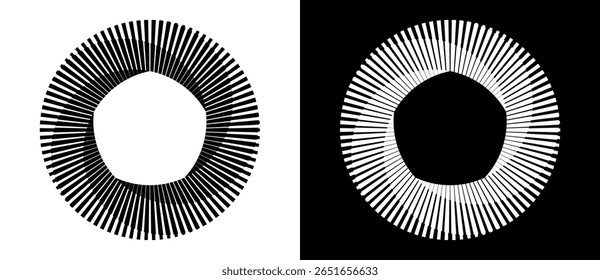 Abstract background with lines in circle. Art design spiral as logo or icon with 5 parts. A black figure on a white background and an equally white figure on the black side.