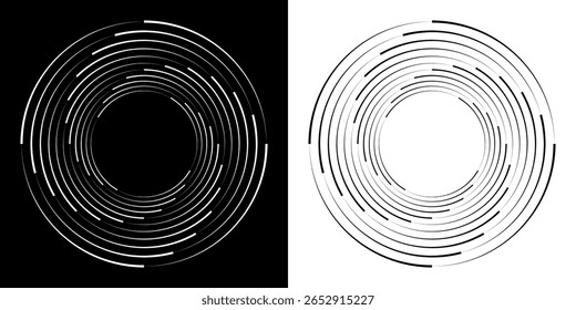 Fundo abstrato com linhas em círculo. Espiral de design de arte como logotipo ou ícone. Uma figura preta sobre um fundo branco e uma figura igualmente branca no lado preto.