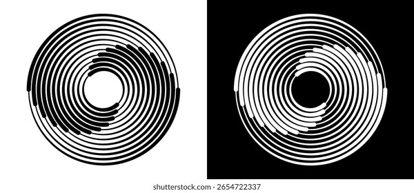 Abstract background with lines in circle. Art design spiral as logo or icon. A black figure on a white background and an equally white figure on the black side.
