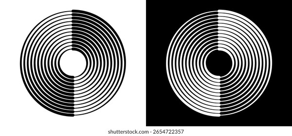 Fundo abstrato com linhas em círculo. Espiral de design de arte como logotipo ou ícone. Uma figura preta sobre um fundo branco e uma figura igualmente branca no lado preto.