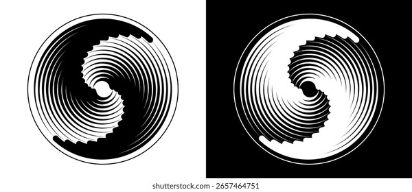 Fondo Abstractas con líneas en círculo. Espiral de diseño de arte como logotipo o icono. Una figura negra sobre un fondo blanco y una figura igualmente blanca en el lado negro.