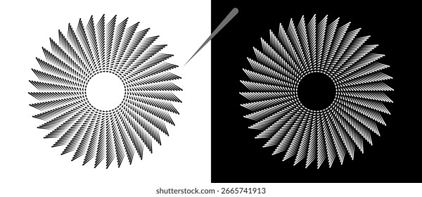 Abstrakter Hintergrund mit Linien im Kreis. Kunstdesign Spirale als Logo oder Icon. Eine schwarze Figur auf weißem Hintergrund und eine ebenso weiße Figur auf der schwarzen Seite.