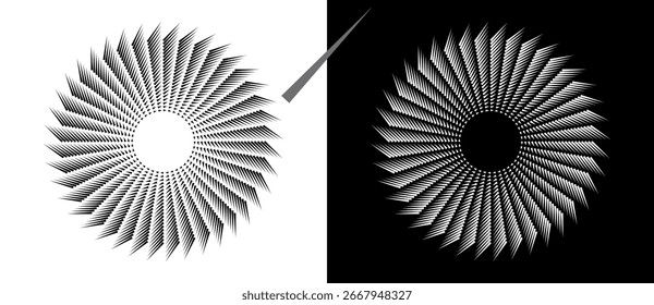 Fondo Abstractas con líneas en círculo. Espiral de diseño de arte como logotipo o icono. Una figura negra sobre un fondo blanco y una figura igualmente blanca en el lado negro.