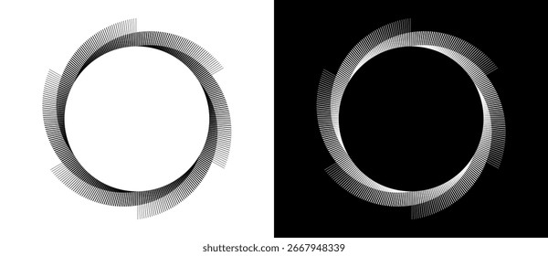 Fundo abstrato com linhas em círculo. Espiral de design de arte como logotipo ou ícone. Uma figura preta sobre um fundo branco e uma figura igualmente branca no lado preto.