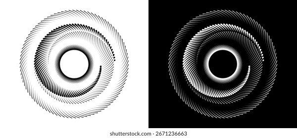 Fundo abstrato com linhas em círculo. Espiral de design de arte como logotipo ou ícone. Uma figura preta sobre um fundo branco e uma figura igualmente branca no lado preto.