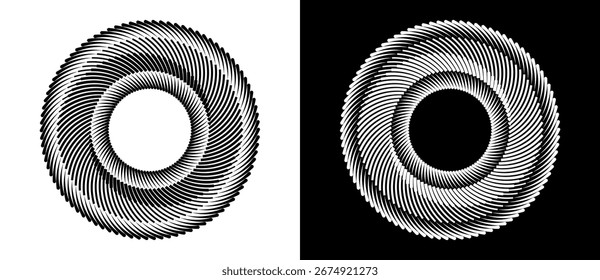 Fundo abstrato com linhas em círculo. Espiral de design de arte como logotipo ou ícone. Uma figura preta sobre um fundo branco e uma figura igualmente branca no lado preto.