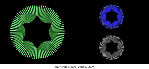 Fundo abstrato com linhas em círculo. Espiral de design de arte como logotipo ou ícone com 6 partes. Formas verde, azul e cinza no plano de fundo preto.