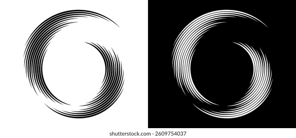 Abstract background with lines in circle  form. Art design spiral as logo or icon. A black figure on a white background and an equally white figure on the black side.