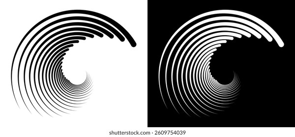 Abstract background with lines in circle  form. Art design spiral as logo or icon. A black figure on a white background and an equally white figure on the black side.