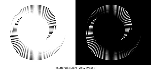 Abstract background with lines in circle  form. Art design spiral as logo or icon. A black figure on a white background and an equally white figure on the black side.