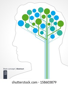Abstract background with lines and circles. Brain concept with silhouette of a human head for infographic, business, medical, social media, technology, network and web design. Vector illustration.