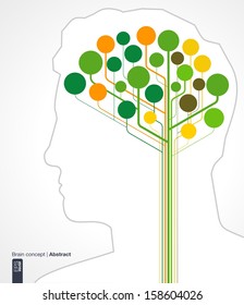 Abstract background with lines and circles. Brain concept with silhouette of a human head for ecology, infographic, business, medical, technology, network and web design. Vector illustration.