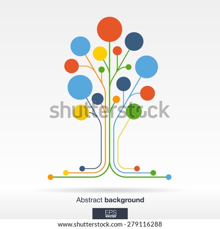 Abstract background with lines and color circles. Growth flower (tree) concept for communication, business, social media, technology, ecology, network and web design. Flat Vector illustration.