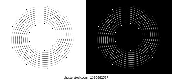 Abstract background with lines and dots in circle. Art design spiral as logo or icon. Black shape on a white background and white shape on the black side.