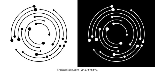 Fondo abstracto con líneas y puntos en círculo. Diseño de líneas de arte como logotipo o icono. Líneas negras sobre fondo blanco y líneas blancas sobre lado negro.