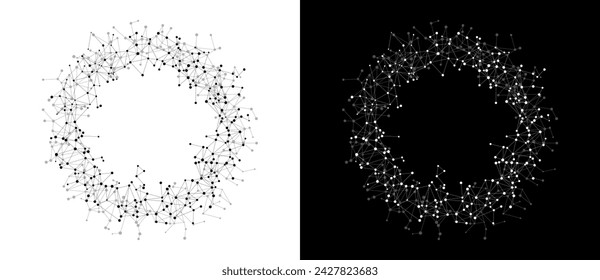 Abstract background with lines and dots in circle. Art design BIG DATA concept. Black lines on a white background and white lines on the black side.