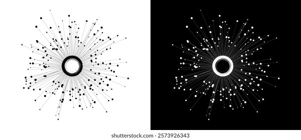 Abstract background with lines and dots in circle. Art design BIG DATA or network concept. Black lines on a white background and white lines on the black side.