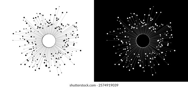 Abstract background with lines and dots in circle. Art design BIG DATA or network concept. Black lines on a white background and white lines on the black side.