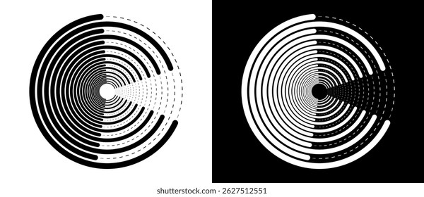 Abstract background with lines and dots in circle. Art lines design as logo or icon. Black lines on a white background and white lines on the black side.