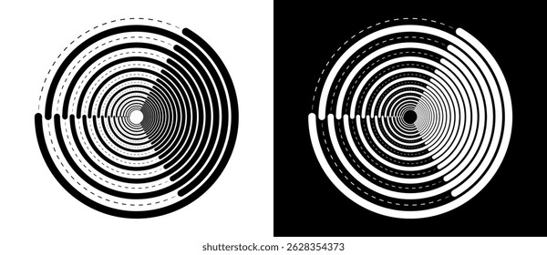 Fundo abstrato com linhas e pontos em círculo. Design de linhas de arte como logotipo ou ícone. Linhas pretas em um plano de fundo branco e linhas brancas no lado preto.
