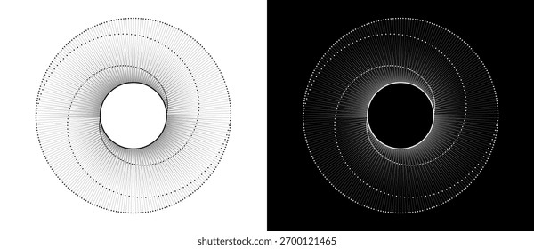 Abstract background with lines and dots in circle. Art lines design as logo or icon. Black lines on a white background and white lines on the black side.