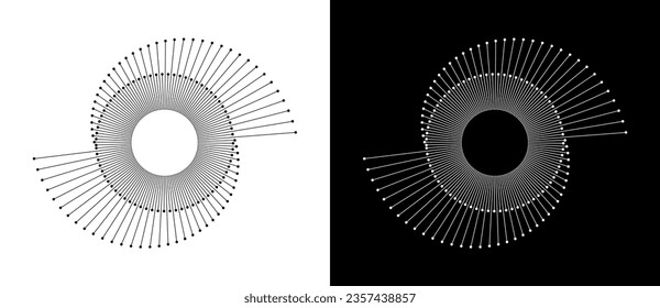 Fondo abstracto con líneas y puntos en espiral. Espiral de diseño artístico como logotipo o icono. Líneas negras sobre un fondo blanco y líneas blancas en el lado negro.