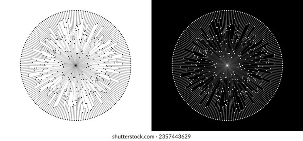 Fondo abstracto con líneas y puntos en espiral. Diseño artístico concepto BIG DATA. Líneas negras sobre un fondo blanco y líneas blancas en el lado negro.