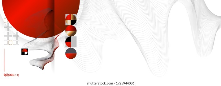 Abstract background of lines and figures in the Japanese style red black white minimalism. White background vector illustration