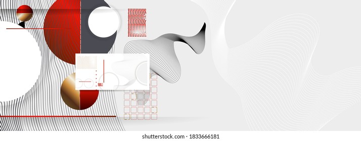 Abstract background of lines and figures in the Japanese style red black white minimalism. Pale gray background vector Vector memphis style banner