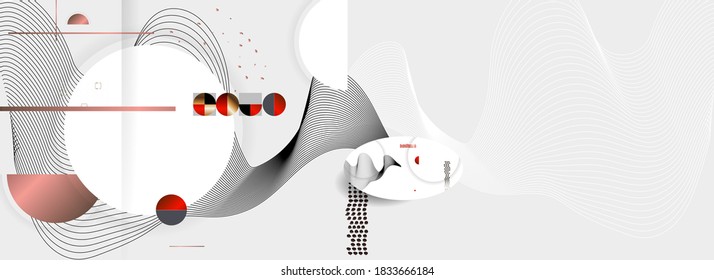 Resumen de los antecedentes de líneas y figuras en el minimalismo blanco rojo estilo japonés. Vector de fondo gris pálido Vector memphis estilo banner