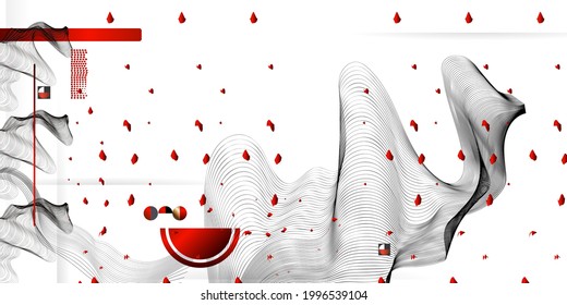 Abstract background of lines and figures in the Japanese style red black white minimalism. White background vector illustratios