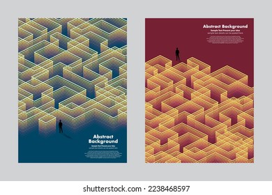 Abstract background lines geometric vector design, silhouette man with the maze city, way in way out of business, digital technology, trendy minimalist, layout templates cover page website, isometric 