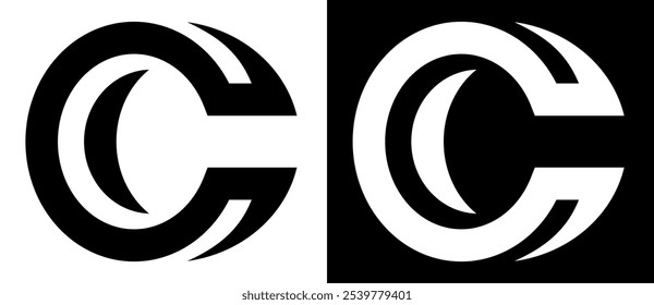 Abstract background lines as logo, icon or design element. Letter C concept. Black shape on a white background and the same white shape on the black side.
