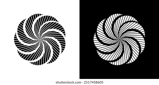 Abstract background with lines pattern in circles. Spiral art design as logo or icon. A black figure on a white background and the same white figure on the black side. Mandala with line pattern.