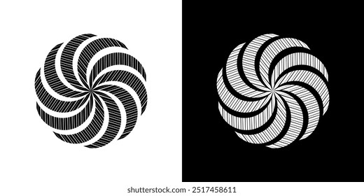 Abstract background with lines pattern in circles. Spiral art design as logo or icon. A black figure on a white background and the same white figure on the black side. Mandala with line pattern.
