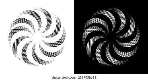 Abstract background with lines pattern in circles. Spiral art design as logo or icon. A black figure on a white background and the same white figure on the black side. Mandala with line pattern.